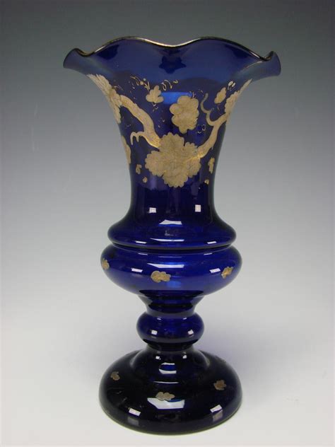 Antique Bohemian Enamel And Gilt Decorated Cobalt Blue Glass Vase From