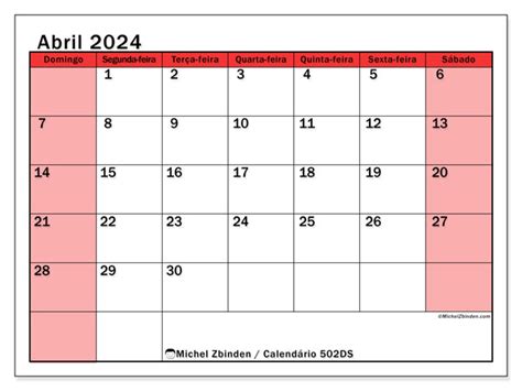 Calendário De Abril De 2024 Para Imprimir “45ds” Michel Zbinden Pt