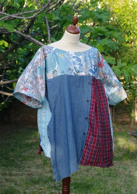 Xl 2xl Boho Recycled Tunic Made With Denim And Check Lightweight
