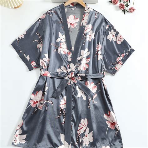 Womens Satin Floral Print Short Sleeve Nightgown Lounge Robe
