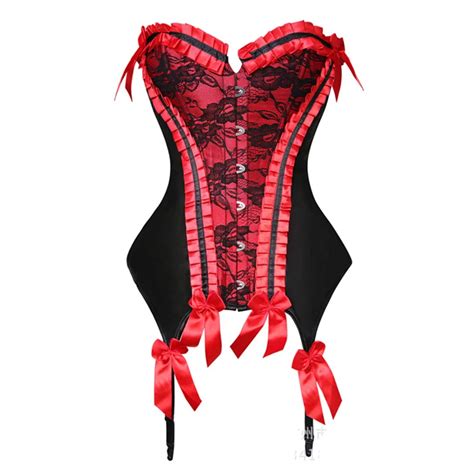 Red Satin Black Floral Lace Overlay Corsage Corselet Overbust Corset