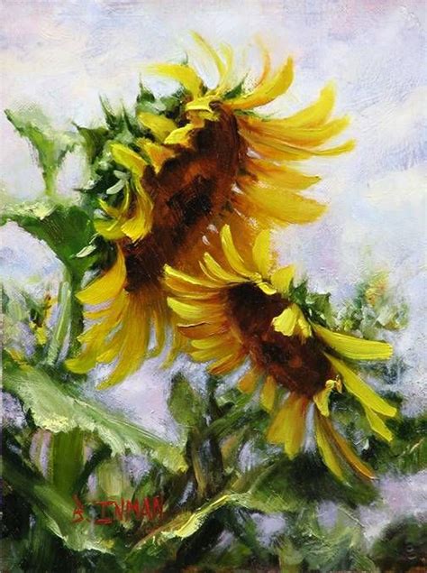 A Painting Of Two Sunflowers On A Cloudy Day