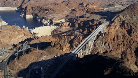 Aerial View Hoover Dam Us 93 Colorado River Bypass Bridge And Lake Mead