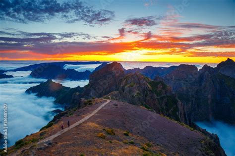 Beautiful Sunset Over The Mountains Madeira Island Portugal