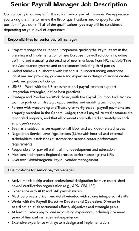 Senior Payroll Manager Job Description Velvet Jobs