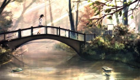 Wallpaper Sunlight Landscape Anime Water Reflection Branch Morning Bridge Tree Autumn