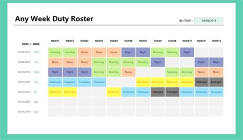 Excel Of Any Week Duty Rosterxlsx Wps Free Templates