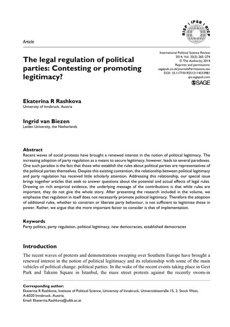 Pdf The Legal Regulation Of Political Parties Contesting Or Promoting Legitimacy