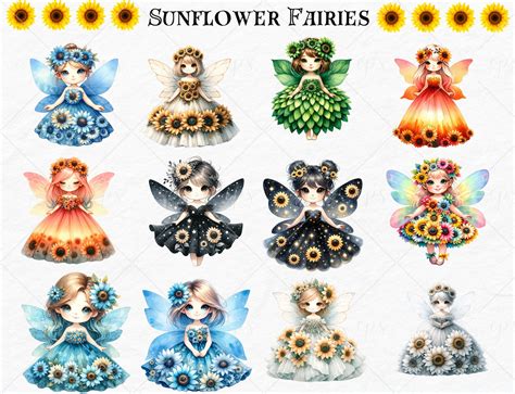 Sunflower Fairy Clipart Fantasy Png Floral Dress Scrapbook Etsy