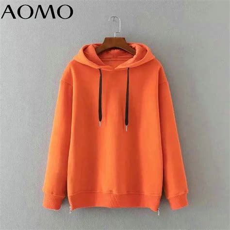 Aomo Autumn Winter Women Fleece Hoodie Sweatshirts Hooded Warm Long Sleeve Ladies Thick Orange