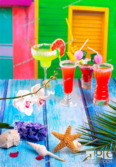 Cocktails Margarita Sex On The Beach In Colorful Tropical House With