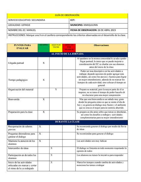 GuÍa De Observación Para Evaluar En Clase GuÍa De ObservaciÓn Servicio Educativo Secundaria