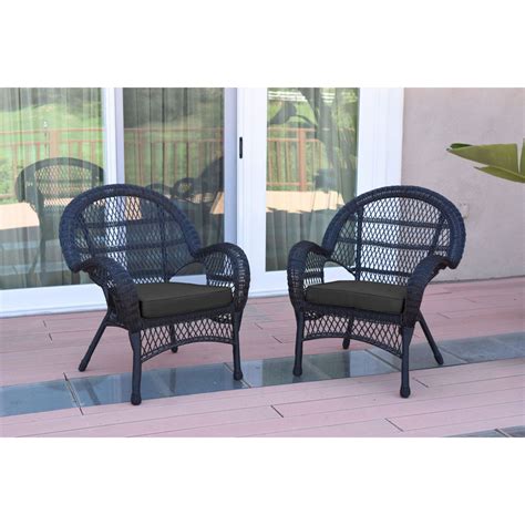 Set Of 2 Black Outdoor Furniture Patio Wicker Chairs With Black Cushions 36