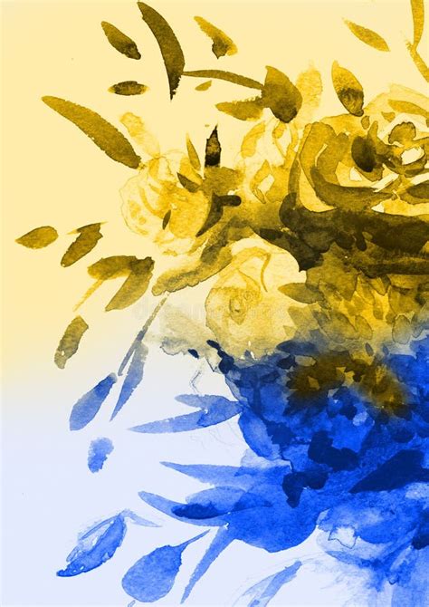 Yellow Blue Watercolors Rose Bouquet Ukrainian Flowers Stock