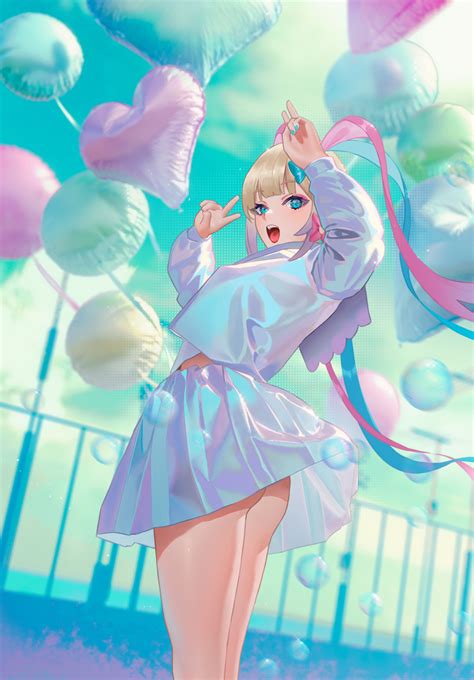 Safebooru 1girl Aqua Nails Balloon Bangs Blonde Hair Blue Eyes Bubble