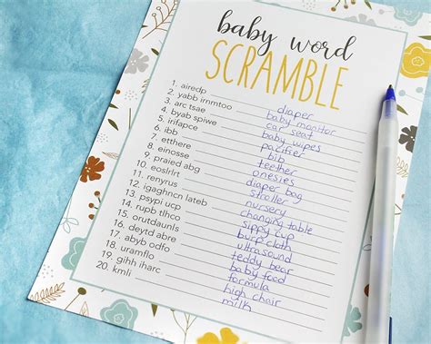 50 Baby Shower Game Sheets And 2 Answer Key Word Scramble