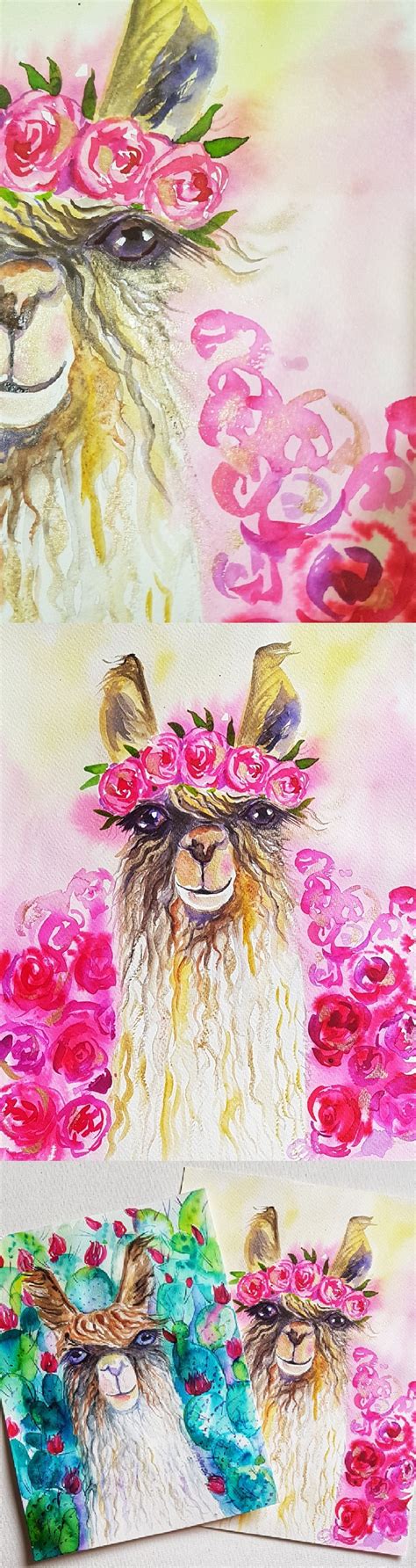 Llama In Flowers Original Watercolor Painting Cute Wall Art Alpaca