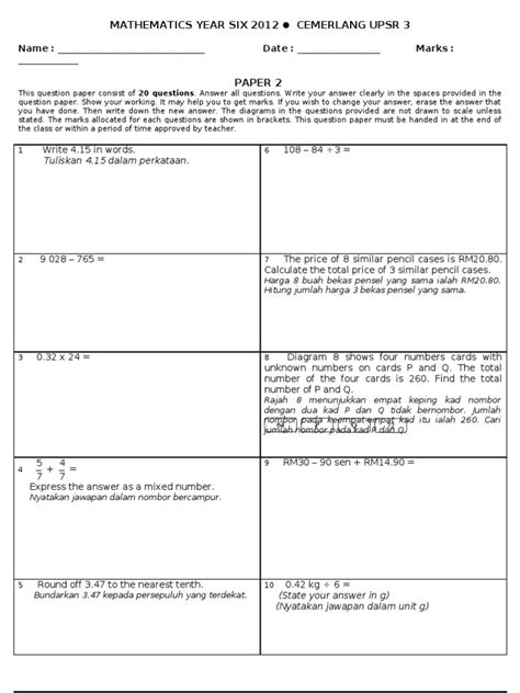 Soalan latihtubi matematik tahun enam via www.slideshare.net. Soalan Matematik Tahun 6 Kertas 2 (Set 3) | Physics ...