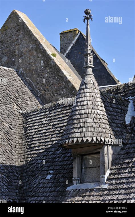 Wooden Roof Tiles Of Medieval House At The Mont Saint Michel Saint