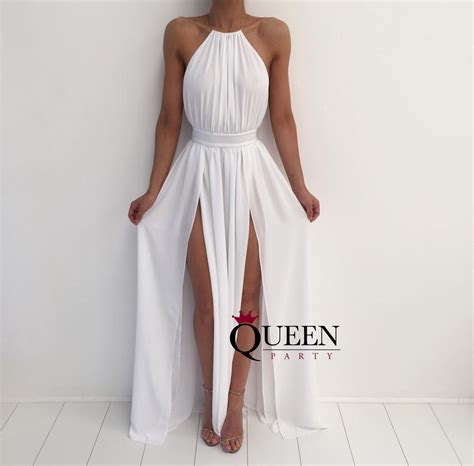 Simple White Chiffon Necklace Halter Lace Up Side Slit Prom Dress Sheath Party Dress With Open