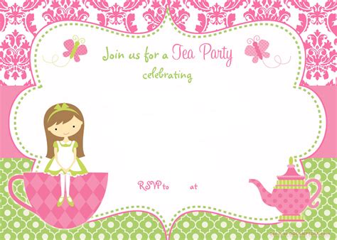 printable tea party invitation template  girl drevio