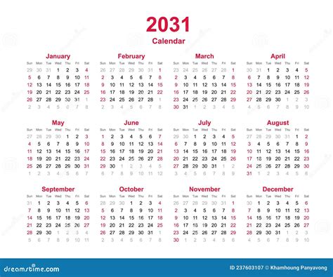 Calendar 2031 12 Months Yearly Vector Calendar In Year 2031