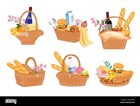 Colorful Set Of Picnic Baskets Full Of Delicious Food Cartoon Vector Illustration Wicker