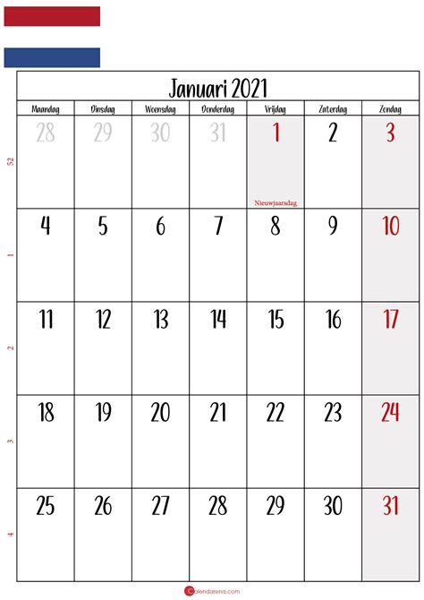 Kalender Januari 2021 In Nederland 🇳🇱