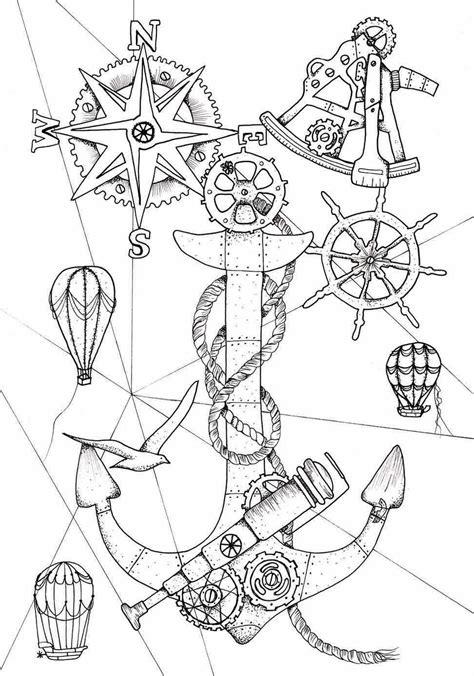 Steampunk coloring pages for adults. Steampunk Anchor Ocean Coloring Page