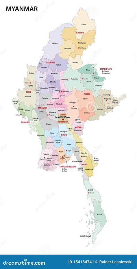 Mapa Administrativo De Myanmar Con Regiones Y Distritos Ilustración Del