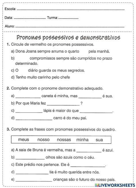 Pronomes Possessivos E Demonstrativos Worksheet Artofit