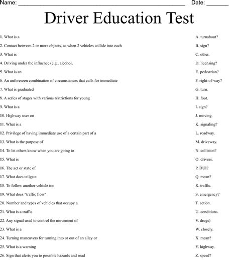 Driver Education Test Worksheet Wordmint