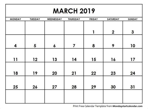march  calendar starting monday calendar