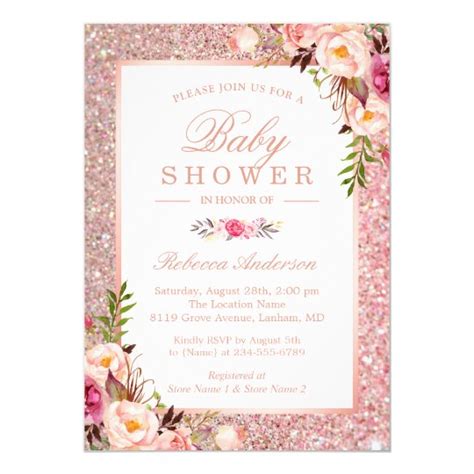 Rose Gold Glitter Pink Floral Girl Baby Shower Invitation