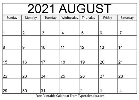 Free Printable August 2021 Calendars