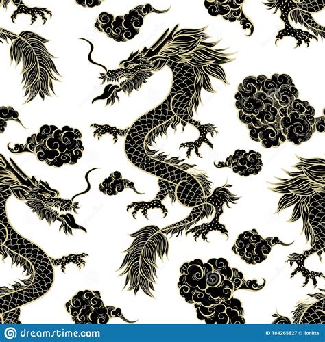Oriental Black Dragon Flying In Clouds Seamless Pattern Traditional