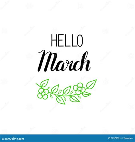 Vector Hello March Lettering With Green Leaves And Blossom Stock