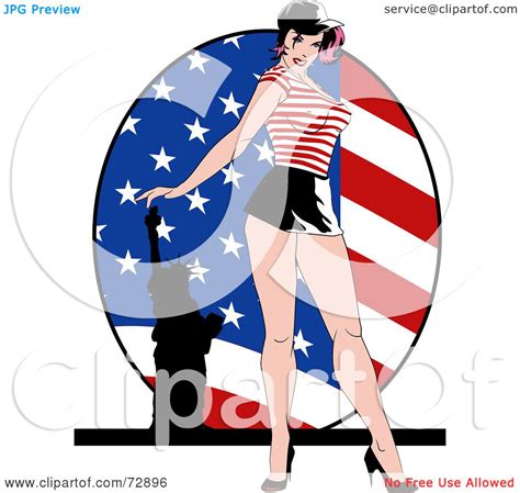 Royalty Free Rf Clipart Illustration Of A Sexy Pinup Woman Standing In Front Of An American