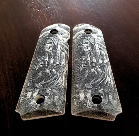 1911 Custom Engraved Ivory Scrimshaw Grips Skull Grim Reaper Flip 2