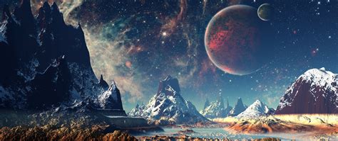 2560x1080 Mountains Stars Space Planets Digital Art Artwork 4k
