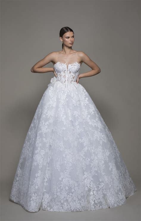 Strapless Sequined Lace Ball Gown Wedding Dress With Flowers