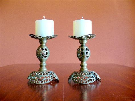 2 Brass Filigree Pillar Candle Holders Reticulated Scrollwork Etsy