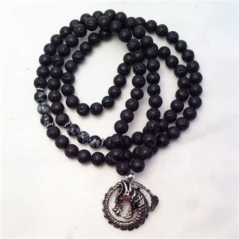 Mala Necklaces Black Lava Mala Beads And Dragon