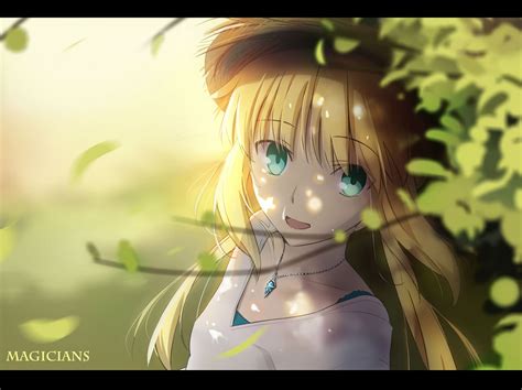 Wallpaper 1440x1078 Px Aqua Blonde Eyes Fate Hair Hat Leaves