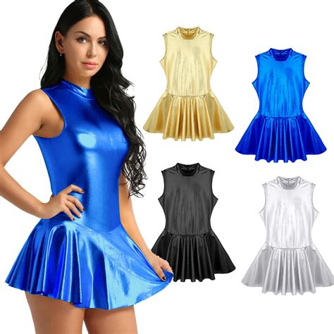Woman Shiny Club Dress Leather Stand Collar Zipper A Line Dress Party Clubwear Mini Dress