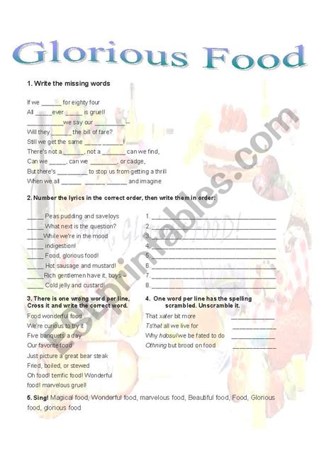 Don't care what it looks like. Song Lyrics - Food Glorious Food - ESL worksheet by ...