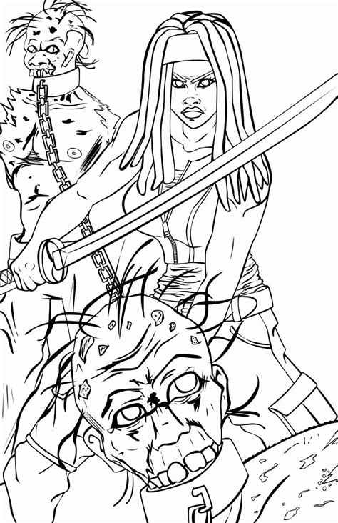 Printable walking dead zombie coloring page. The Walking Dead Coloring Book Elegant Michonne Line Art ...