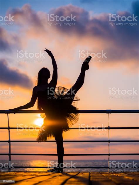 Silhouette Of Dancing Ballerina In Black Ballet Tutu And Pointe On