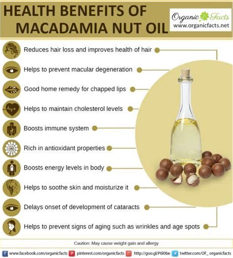 Macadamia contains antioxidants like polyphenols. Health Benefits of Macadamia Nut Oil | Organic Facts ...