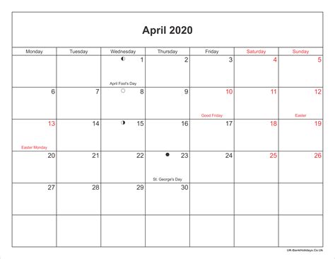April 2020 Calendar Printable With Bank Holidays Uk